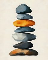 Stacked stones in shades of blue, orange, and gray balanced vertically against a neutral background, symbolizing harmony, balance, and wellness for meditation and mindfulness designs.