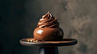 Elegant chocolate mousse dessert with swirled cream topping on dark cake stand against moody background for gourmet bakery and restaurant menus.