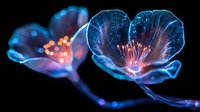 Glowing translucent flowers with bioluminescent stamens on black background, ethereal blue petals and orange center creating magical nature macro photography.