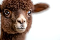 Close up portrait of brown baby alpaca with blue eyes looking at camera against white background, soft focus on nose and fluffy fur texture.