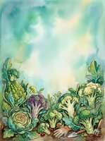 Watercolor illustration of fresh garden vegetables including cabbage, broccoli, cauliflower, and leafy greens arranged at bottom with soft pastel sky background, suitable for culinary, organic, and farm-to-table design projects.