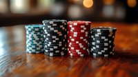 Stacks of poker chips in blue, black, and red colors on wooden table with soft bokeh lights in background, creating atmospheric casino gaming ambiance.
