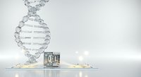 DNA double helix structure made of transparent glass or crystal material rising above a microchip on white surface, representing biotechnology, genetic engineering, and molecular science research.