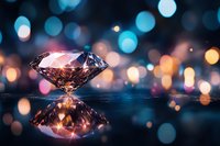 Sparkling diamond on reflective surface with dreamy bokeh lights in blue and orange tones creating magical atmosphere for luxury jewelry presentation.