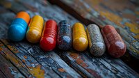 Colorful capsule pills arranged in row on rustic wooden surface, showcasing pharmaceutical variety for healthcare and medicine concepts.