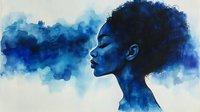 Young African woman profile silhouette with natural afro hairstyle dissolving into blue watercolor smoke effect against white background. Artistic portrait concept.