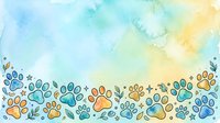 Watercolor paw prints in blue, orange, and yellow tones with botanical elements and sparkles on soft gradient background. Suitable for pet-related designs, greeting cards, and children's illustrations.