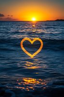 Golden heart shape floating over dark blue ocean waves at sunset, with sun reflection creating magical romantic atmosphere on water surface.