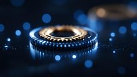 Metallic gear wheel with dramatic lighting and bokeh effects on dark background creates industrial atmosphere and mechanical concept for engineering designs.
