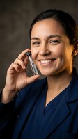 Smiling Hispanic female scientist in lab coat holding small glass vial, pharmaceutical research and development concept for medical industry applications.