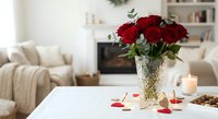 Red roses bouquet in crystal vase on white table with scattered petals in cozy living room interior for romantic home decor and Valentine celebration.