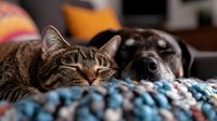 Cat and dog sleeping together on colorful knitted blanket, showing peaceful coexistence and friendship between pets in cozy home environment.