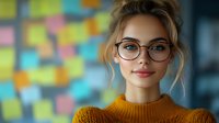 Young Caucasian woman wearing glasses and mustard yellow sweater smiling confidently against colorful sticky notes background, professional office setting with modern eyewear style.