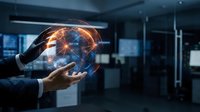 Businessman holding glowing digital brain with network connections in modern office environment representing artificial intelligence and innovation.