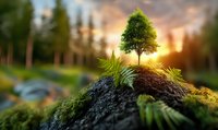 Young tree growing on moss-covered rock with ferns at sunset, symbolizing new life, hope, and environmental conservation in forest setting.