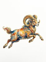 Leaping ram with ornate swirling patterns in gold, blue, and orange tones, isolated on transparent background, ready for stickers, t-shirt design, and print on demand.