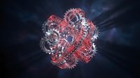 Complex red and white mechanical engine structure with intricate gears and metallic components against dark blue background, suitable for technology and industrial design projects.