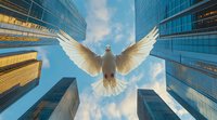 White dove with spread wings soaring between modern glass skyscrapers against blue sky, low angle view capturing freedom and urban peace symbolism.