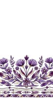Purple floral border with decorative flowers and leaves on white background for greeting cards, invitations and stationery design projects.