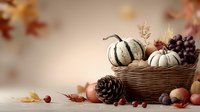 Decorative autumn arrangement with white pumpkins, pine cone, and seasonal berries in wicker basket against soft beige background, perfect for fall holiday decor.