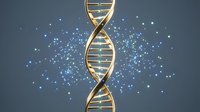 Golden DNA double helix structure with glowing blue particles and light effects on gradient background for medical research and biotechnology concepts.