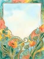 Watercolor art nouveau floral frame with golden outlines, teal and orange blooms, swirling vines, and copy space for greeting cards or invitations.