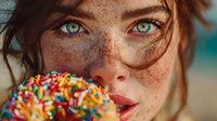 Young woman with freckles and green eyes enjoying colorful sprinkle donut at beach. Summer lifestyle portrait for food and travel content.
