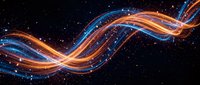 Abstract flowing energy waves in blue and orange colors against starry space background with glowing particles and light trails for digital art projects.