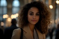 Young mixed-race businesswoman with curly hair in beige blazer standing confidently in modern office environment with warm lighting and blurred background.