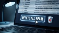 Delete all spam button displayed on laptop screen with cursor pointer hovering over it, representing email management, cybersecurity and digital communication filtering for business and personal use.