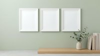 Three blank white frames on a sage green wall above a wooden shelf with books and eucalyptus, minimal Scandinavian interior mockup.