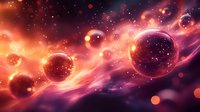Cosmic space scene with glowing planets and nebula clouds in vibrant orange pink purple colors. Fantasy universe with celestial bodies and stardust particles.