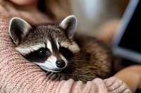 Adorable raccoon resting on pink knitted blanket, close-up portrait showing distinctive mask markings and fuzzy ears against soft textured background.