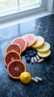 Vitamin C rich citrus fruits with supplements and blueberries on kitchen counter with molecular structure overlay for health and nutrition concepts.