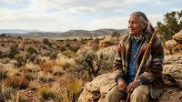 Senior man with gray hair and Native American heritage sitting on rocky outcrop overlooking desert landscape with sparse vegetation and mountains. Wearing brown jacket and denim shirt. Contemplative outdoor portrait for lifestyle, travel, and wellness concepts.