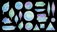 Watercolor leaf and geometric shapes in blue, purple, and green tones isolated on transparent background. Ready for clipart, t-shirt design, stickers, sublimation, and print-on-demand projects.