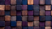 Wooden mosaic wall panel in purple, blue and brown tones creates dimensional geometric pattern. Natural wood blocks arranged in modern decorative surface design.