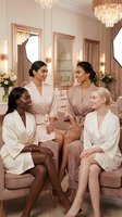 Four diverse women in silk robes enjoying spa day together in luxury salon with crystal chandeliers and elegant pink decor for wellness and friendship concepts.