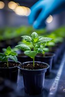 Young cannabis seedlings growing in plastic pots with rich soil, blue-gloved hand visible in background, selective focus on fresh green leaves under indoor grow lights.