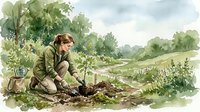 Young woman gardener planting seedlings in countryside garden with rolling hills landscape, watercolor illustration for organic farming concepts.