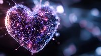 Digital heart shape with glowing purple neural network connections and sparkling lights on dark background for technology romance concepts.