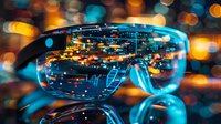 Futuristic augmented reality smart glasses with glowing digital cityscape HUD display, bokeh city lights background, tech innovation concept.