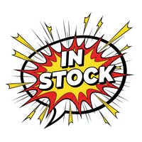 Comic book style explosion burst with "IN STOCK" text in bold letters. Colorful pop art design with radiating lines and dynamic energy effects on white background.