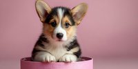 Adorable tricolor Welsh Corgi puppy with big ears sitting in pink container against matching pink background, perfect for pet adoption or animal care content.