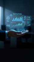 Businessman hand presenting holographic SaaS platform dashboard with analytics charts and cloud computing data visualization for digital transformation.