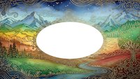Ornate fantasy landscape frame with mountains, river and decorative borders featuring blank oval space for custom text or design elements.