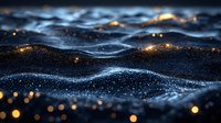 Glowing particles float over dark rippling waves creating magical atmosphere with golden bokeh lights and sparkles in mysterious oceanic scene.