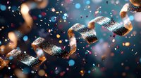 Festive copper-colored metallic ribbons floating with colorful confetti and bokeh lights against dark background create magical celebration atmosphere.