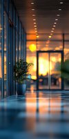 Modern office corridor with warm sunset light streaming through glass walls, creating dramatic reflections on polished floor. Potted palm adds organic touch.