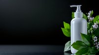 White cosmetic pump bottle with natural green leaves and small white flowers on dark background for organic skincare and beauty product packaging.